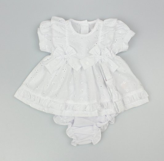 3pc Baby Girls Dress Set - White Double Bow (NB-6m) (PK6) - K14233