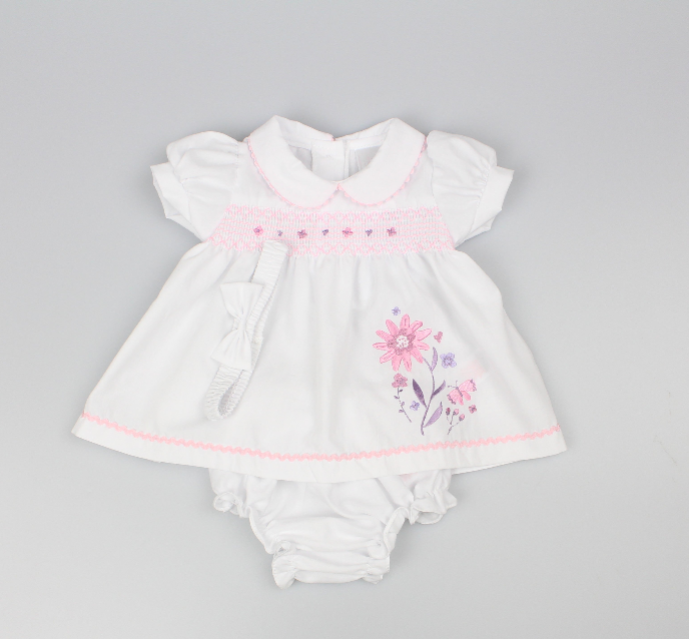 3pc Baby Girls Dress Set - White Smocked  (NB-6m) (PK6) - K14228