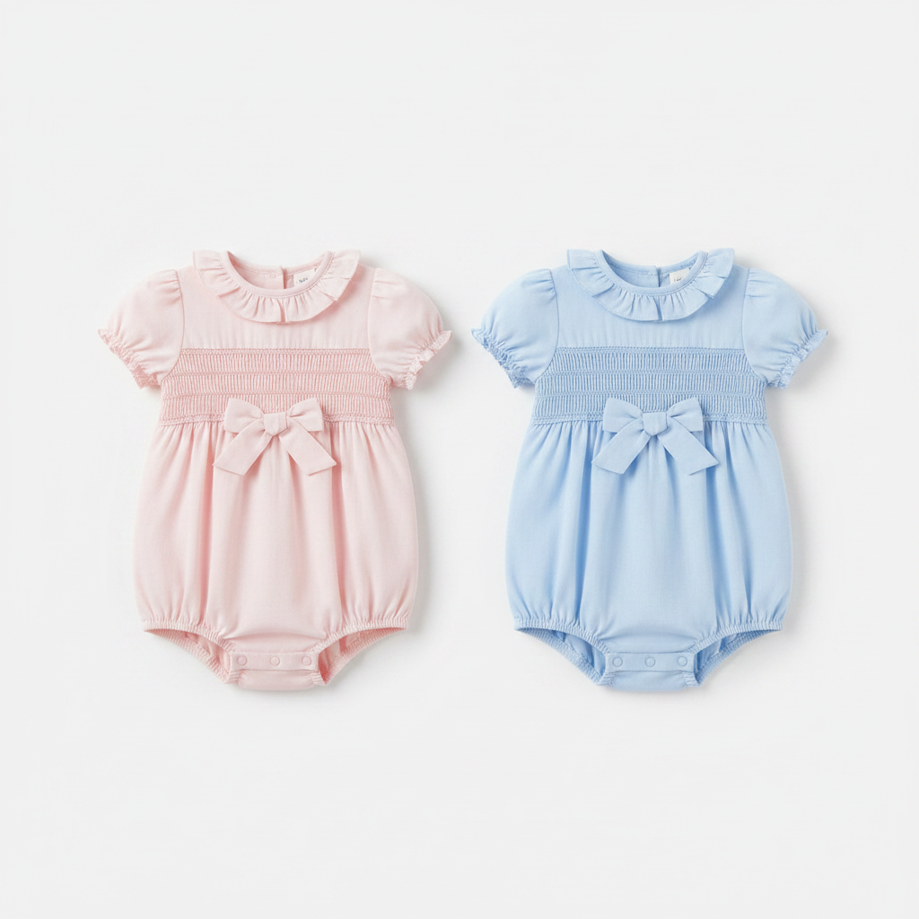 Baby Girls Smocked Romper - Bow Sky/Pink (0-9M) (PK6) H12903
