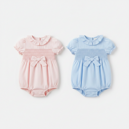 Baby Girls Smocked Romper - Bow Sky/Pink (0-9M) (PK6) H12903