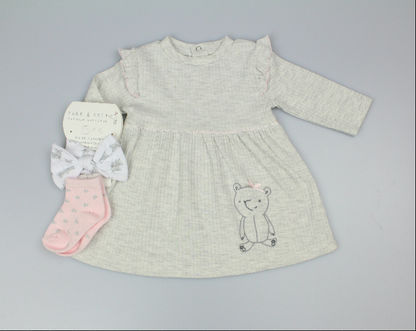 Baby Girls 3pc Dress Set - Grey Teddy (0-6 Months) (PK6) M14271