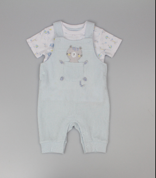 2pc Waffle Dungaree & T-Shirt Set - Safari/Blue (PK6) - J13952