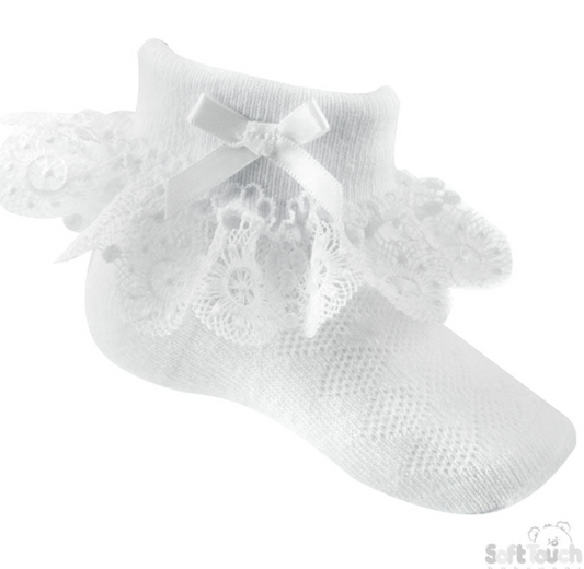 White Ankle Socks W/Flower Lace & Bow (0-12m) (PK12) S332w