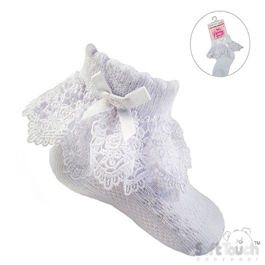 WHITE ANKLE SOCKS W/ROSE LACE & WHITE OR PINK BOW (0-12 Months) S342