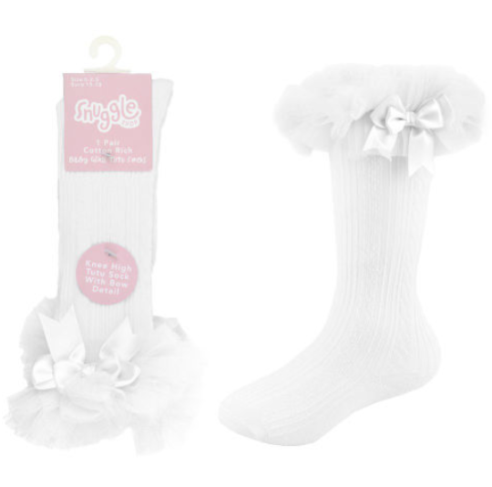 Baby Girls Single Pair White Cable Knee High Tutu Socks with Bow (0-0, 0-2.5, 3-5.5) SK771