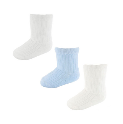 BLUE/WHITE/CREAM 3 PACK RIBBED SOCKS (3-6 Months) S82-B-NB-3M