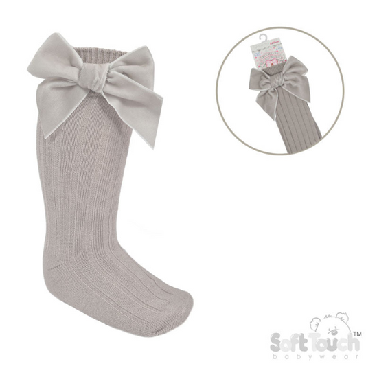 BISCUIT RIBBED KNEE LENGTH SOCKS W/LARGE VELVET BOW (0-24 Months) S360-BI
