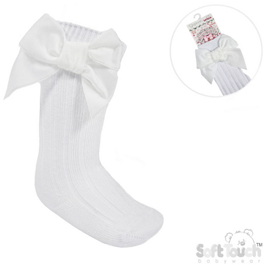 WHITE RIBBED KNEE LENGTH SOCKS W/LARGE VELVET BOW (0-24 Months) S360-W