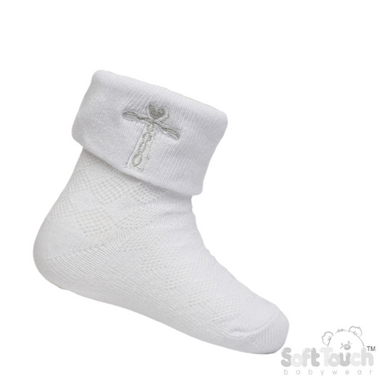WHITE ANKLE SOCKS W/CROSS EMBROIDERY (0-12 Months) (PK12) S11-W