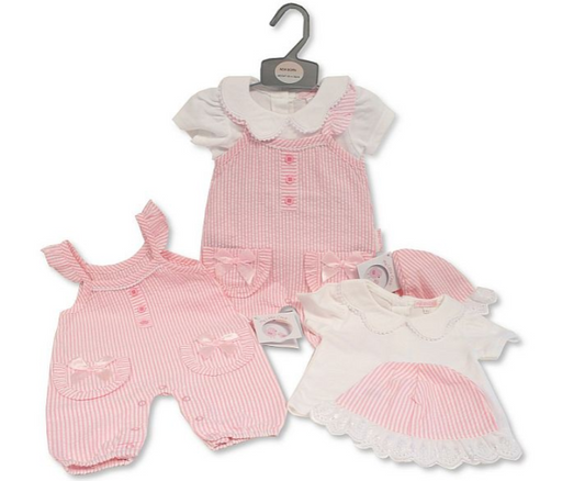Baby Girls Striped 2 pcs Dungaree Set with Bows and Hat (NB-6m) (PK6) BIS-2120-6117