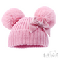PINK RIBBED HAT W/VELVET BOW & 2 POM POMS (NB-12 Months) (PK6) H678P