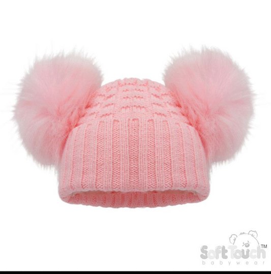 Deluxe Baby Pink Checked/Striped Hat w/Pom Poms (2-5yrs) (PK6) H674-BP