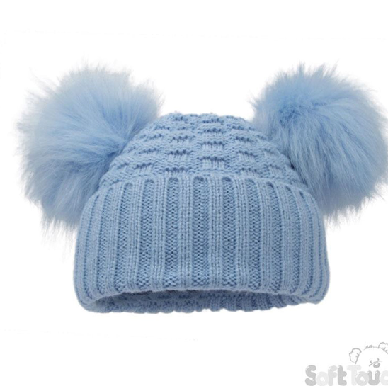 Deluxe Baby Blue Checked/Striped Hat w/Pom Poms (NB-12m) (PK6) H670-BB