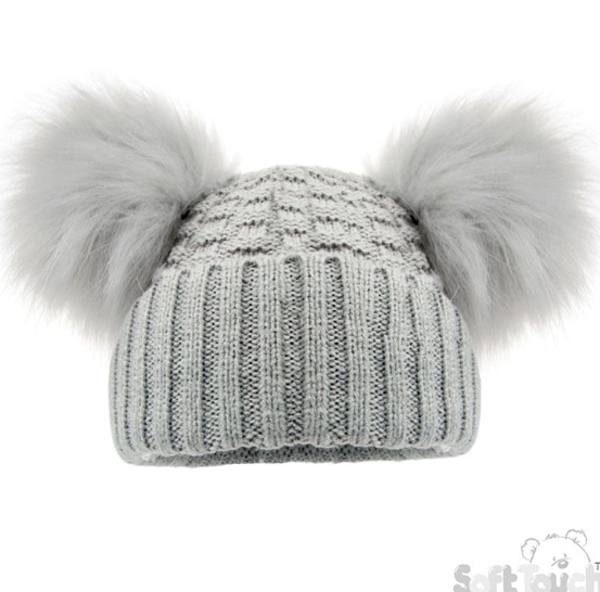 Deluxe Grey Checked/Striped Hat w/Pom Poms (NB-12m) (PK6) H670-G