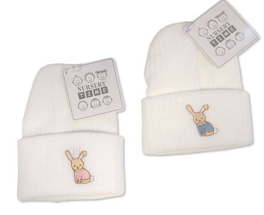 Knitted Baby Hat with Rabbit Embroidery - White/Pink- White/Sky (0-3 Months) BW-0503-0463