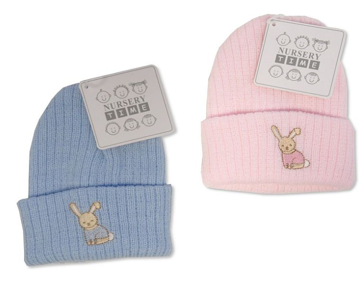 Knitted Baby Hat with Rabbit Embroidery - Pink/Sky (0-3 Months) BW-0503-0462