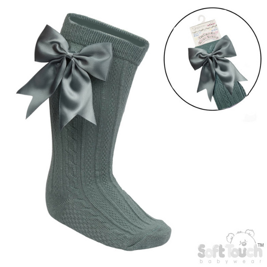 SAGE GREEN 'ELEGANCE' KNEE LENGTH SOCKS W/SATIN BOW : (0-24 Months) S350-SG