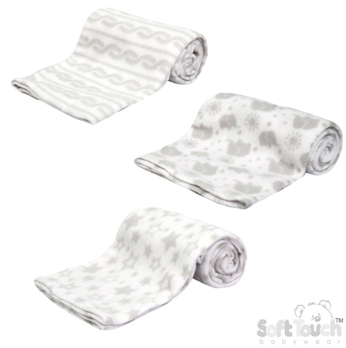 PRINTED WHITE BABY FLEECE WRAP (PK12) FBP10-W