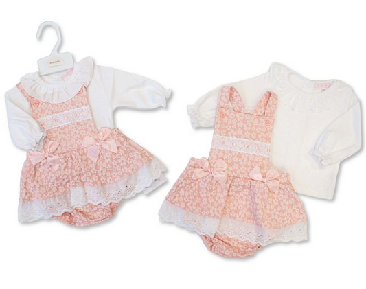 Baby Girls 2 pcs Dungaree Set with Lace and Bows - Flowers (NB-6m) (PK6)  BIS-2020-2629