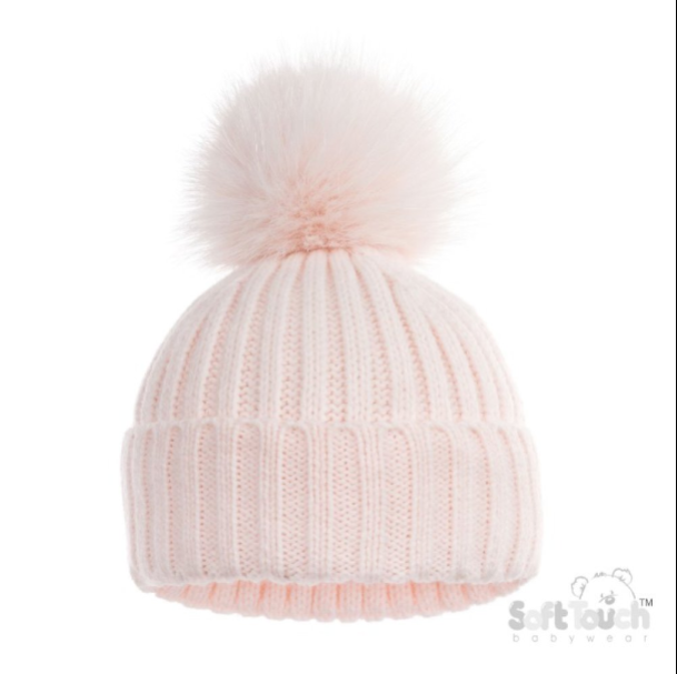 Baby Ribbed Hat with Glitter Pom Pom - Pink (NB-12m) (PK6) H712-BP