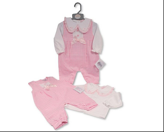 Baby Girls 2 pcs Long Dungaree Set with Lace and Bows (PK6) (NB-6) BIS-2020-2572