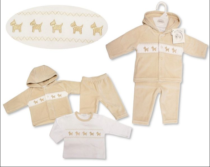Baby Velour 3 pcs Set with Smocking - Puppy (NB-6m) (PK6) BW-13-416