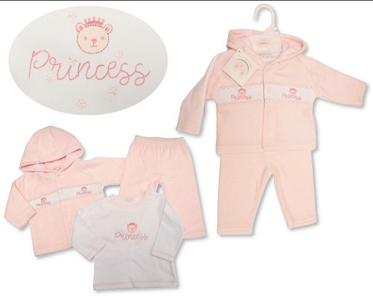 Baby Girls Velour 3 pcs Set with Smocking - Princess (NB-6m) (PK6) BW-13-410
