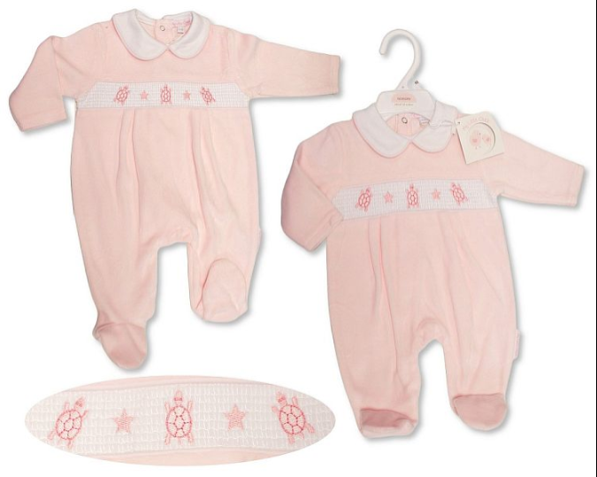 Baby Girls Velour All in One with Smocking - Tortoise (NB-6m) (PK6) BW-13-408