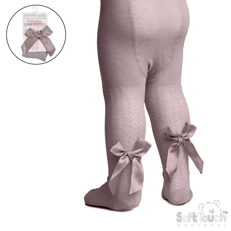 DUSTY PINK 'ADORABLE' JAQUARD TIGHTS W/LONG BOW - (NB-24 Months) T120-DP