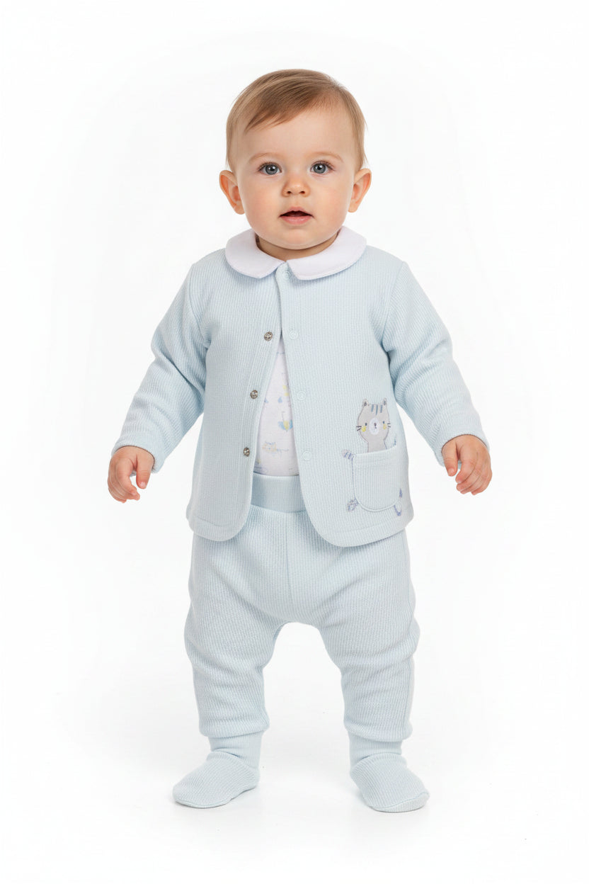 Baby Boys 3pc Set - Sky/Cat  (0-6M) (PK6) J13953