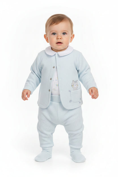 Baby Boys 3pc Set - Sky/Cat  (0-6M) (PK6) J13953