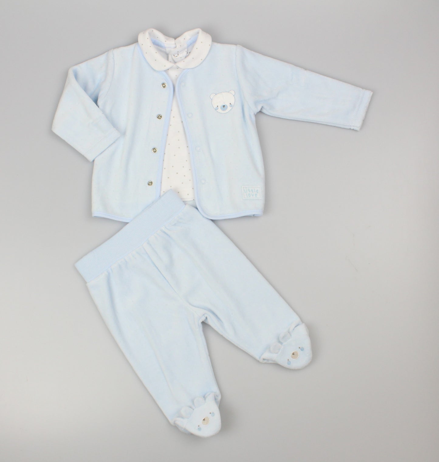 Baby Boys Velour 3pc Embossed Set - Sky/Teddy (0-9M) (PK6) M15968