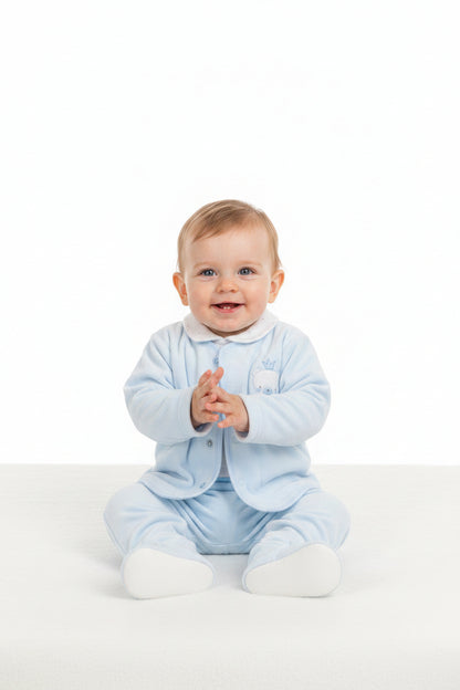 Baby Boys Velour 3pc Embossed Set - Sky/Teddy (0-9M) (PK6) M15968