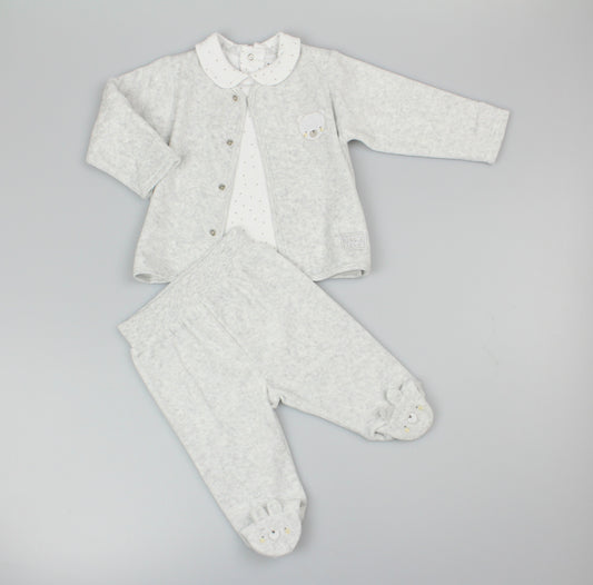 Baby Unisex Velour 3pc Embossed Set - Grey/Teddy (0-9M) (PK6) M15976