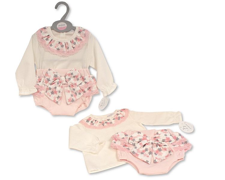Baby Girls 2 pcs Short Romper Set with Bow and Lace - (12-24 Months) (PK6) Bis-2020-2541a