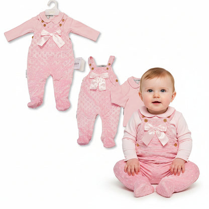 Baby Girls 2 pcs Dungaree Set with Dimple Dots and Bow (NB-6m) (PK6) BIS-2020-2608
