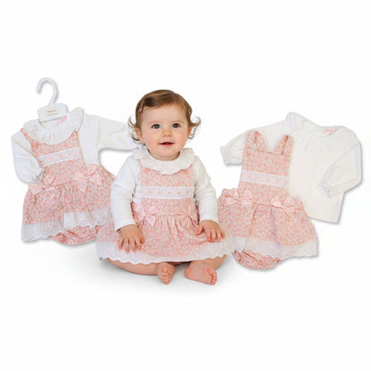 Baby Girls 2 pcs Dungaree Set with Lace and Bows - Flowers (NB-6m) (PK6)  BIS-2020-2629