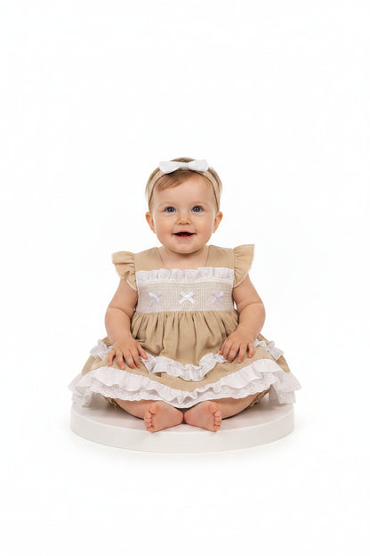 Tiered Baby Linen Dress with Smocking and Bows (NB-6m) (PK6) BIS-2120-6261