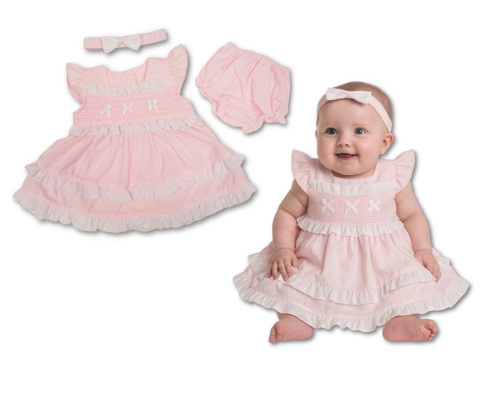 Tiered Baby Dress Pink with Smocking and Bows (NB-6m) (PK6) - BIS-2120-6357