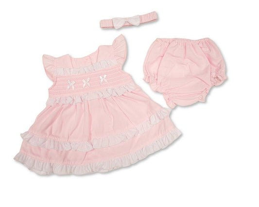 Tiered Baby Dress Pink with Smocking and Bows (NB-6m) (PK6) - BIS-2120-6357