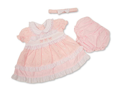 Tiered Baby Dress Pink with Smocking and Bows (NB-6m) (PK6) - BIS-2120-6360