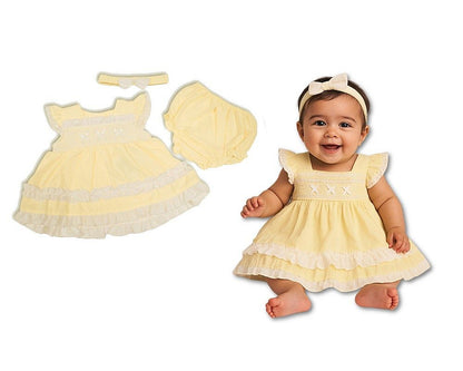 Tiered Baby Dress Lemon with Smocking and Bows (NB-6m) (PK6) - BIS-2120-6363