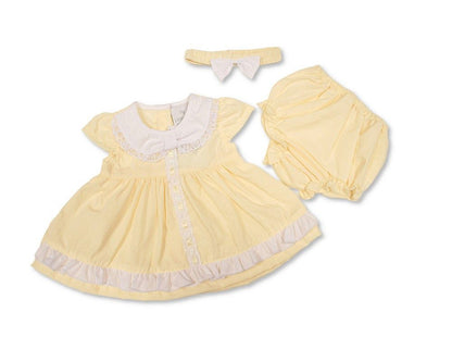 Baby Dress Lemon with Lace and Bow (NB-6m) (PK6) - BIS-2120-6364