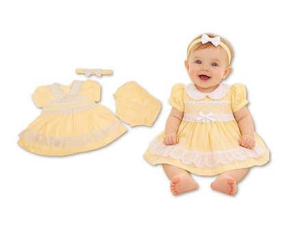 Baby Dress Lemon with Smocking, Lace and Bow (NB-6m) (PK6) - BIS-2120-6365