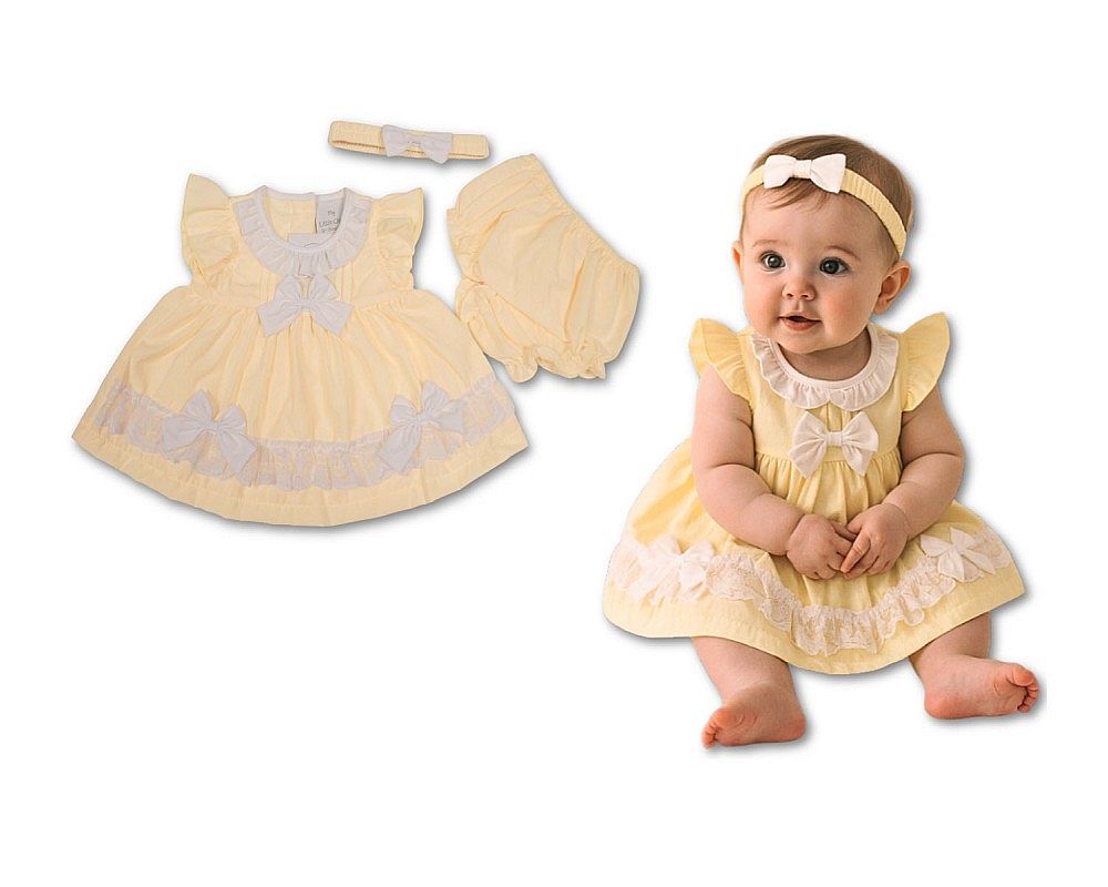 Baby Dress Lemon with Lace and Bows (6-24m) (PK6) - BIS-2120-6372