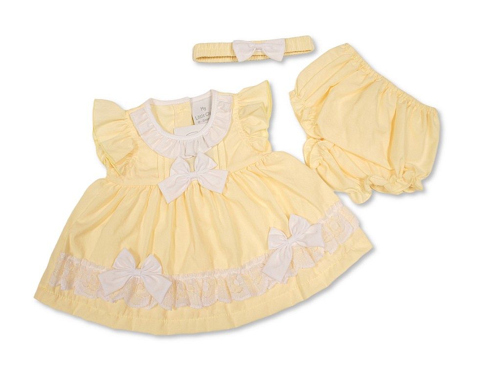 Baby Dress Lemon with Lace and Bows (6-24m) (PK6) - BIS-2120-6372