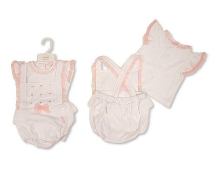 Baby Girls 2 pcs Short Dungaree Set with Bow - Hearts (NB-9m) (PK6) - BIS-2120-6399
