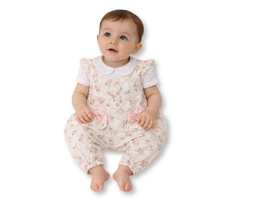 Baby Girls 2 pcs Long Dungaree Set with Floral Print and Bows (NB-9m) (PK6) - BIS-2120-6403
