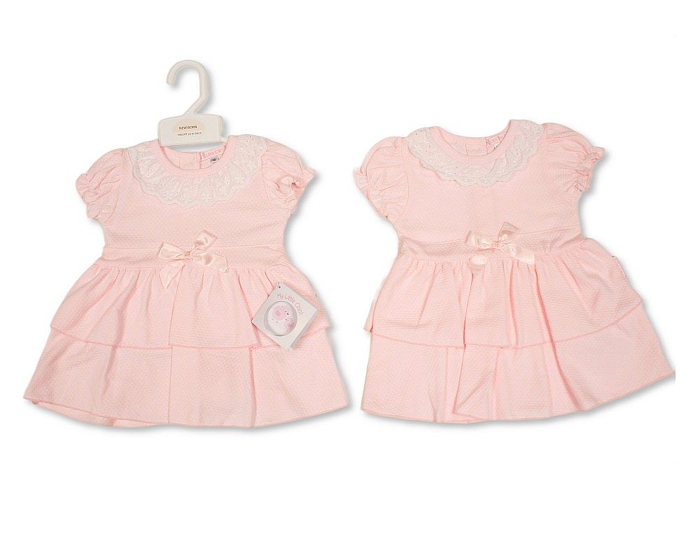 Baby Girls 2 Tier Dress with Lace and Bow (NB-9m) (PK6) - BIS-2120-6404