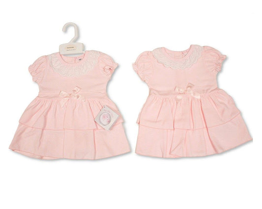 Baby Girls 2 Tier Dress with Lace and Bow (NB-9m) (PK6) - BIS-2120-6404